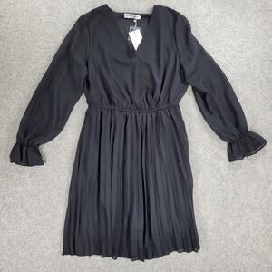 BBX Lephsnt Faux Wrap Dress Womens M Black Pleated Long Puff Sleeve‎ Midi New